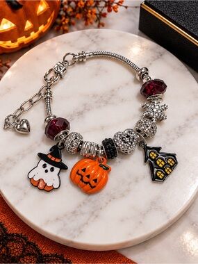 Halloween Charm Bracelet – Orange Pumpkin & Black Ghost Charms